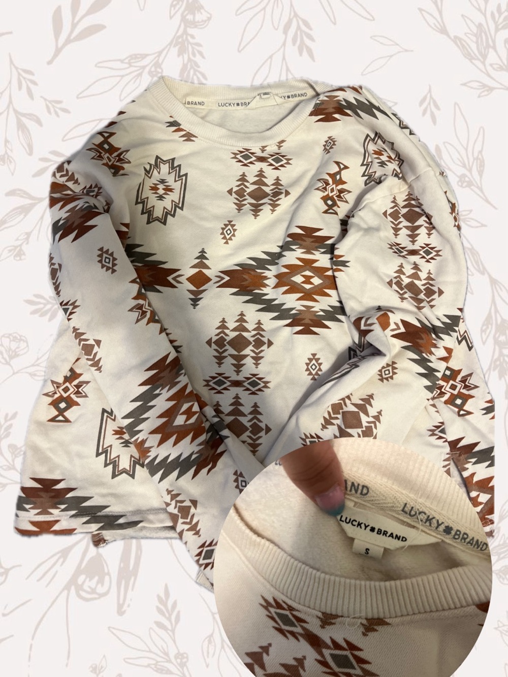 Lucky Brand Cream Sweatshirt with Brown and Gray Aztec Motif